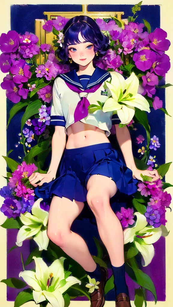 Poster,(a lot:1.2),((Art Deco,Botanical Art,Flower Art)),(Floral:1.2),Lily flower,
(masterpiece, Highest quality),(Vibrant colors,colorful),(Amazing details,Detailed Background),Anatomically correct,Accurate drawing,Detail View,Sense of luxury,
Girls open clothes:1.6, Bare Belly,
(school uniform:1.5), Spread your legs,Spread your legs、