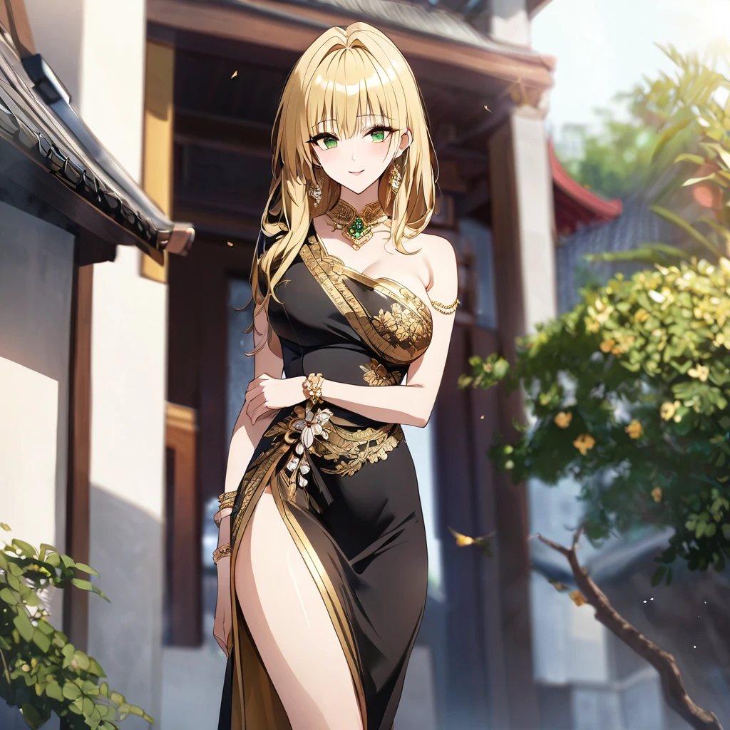 ((Highest quality)), ((masterpiece)), (detailed), (Perfect Face)、The woman is a Thai Tiay, wearing a gorgeous, glittering one-shoulder Thai dress with gold embroidery in the streets of Thailand, and is wearing gorgeous jeweled accessories and an engagement ring.、The woman is an elegant Thai lady with green eyes and medium-long blonde hair. She is wearing a gorgeous one-shoulder Thai dress.