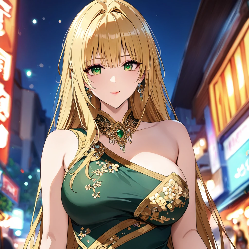 ((Highest quality)), ((masterpiece)), (detailed), (Perfect Face)、The woman is a Thai Tiay, wearing a gorgeous, glittering one-shoulder Thai dress with gold embroidery in the streets of Thailand, and is wearing gorgeous jeweled accessories and an engagement ring.、The woman is an elegant Thai lady with green eyes and medium-long blonde hair. She is wearing a gorgeous one-shoulder Thai dress.