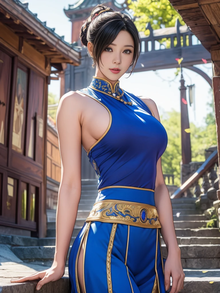 best quality, official art, masterpiece, textile shading, HDR, very detailed, colorful, best details, fantasy, Chun-Li costume:1.5, Song Joo A:1.5, 1 female, 25 years old, black hair, short hair, up bang hair, one length, best quality, official art, masterpiece, textile shading, HDR, very detailed, colorful, best details, fantasy, standing on stairs, a castle town with an old castle view, sunny, random hair, big breast, skinny, Surrounded by a large crowd:1.9, Confetti flutters, Blessed, Being welcomed:1.5, cameltoe:1.3, ground level shot:,