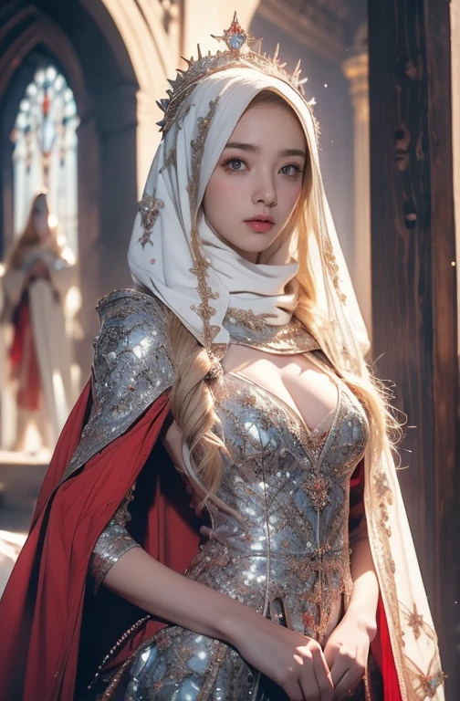 Elegant armor,princess, Full body, wearing a hijab , crown luxury , blue eye, blond hair, around 17 years old, (red silver hijab), tmasterpiece，Best quality at best，A high resolution，8K，((Portrait))，(upper body)，Original photo，real photograph，digital photography, (Medieval angel princess in fantasy style), sexy princess ，blue eye， super colossal breast, pointy colossal breast extravagant ornament，cparted lips，Keep your mouth shuegant and charming，((Blushing))，virgin content，Calm and handsome，(Medieval fantasy armor, The Beautiful super pointy breast, small waist, perfect colossal breast of princess body, a blue delicate pattern，red Cloak)，(anhelic princess character medieval fantasy style，oc render reflection texture, sexy style,  sexy colossal breast , medieval castle background, slim body, very small waist, (luxury armor pattern) , super slim , sexy style, angel 4 wings