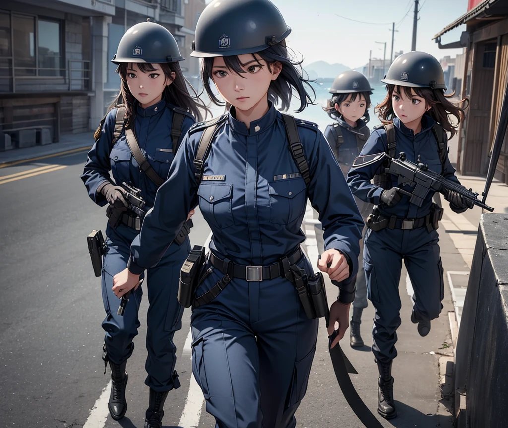 A group of female soldiers in navy blue uniforms、Wear a steel helmet、Military Pants、Individual equipment set、Fight with guns、Write details、masterpiece、best quality、Highly detailed CG、8K picture quality