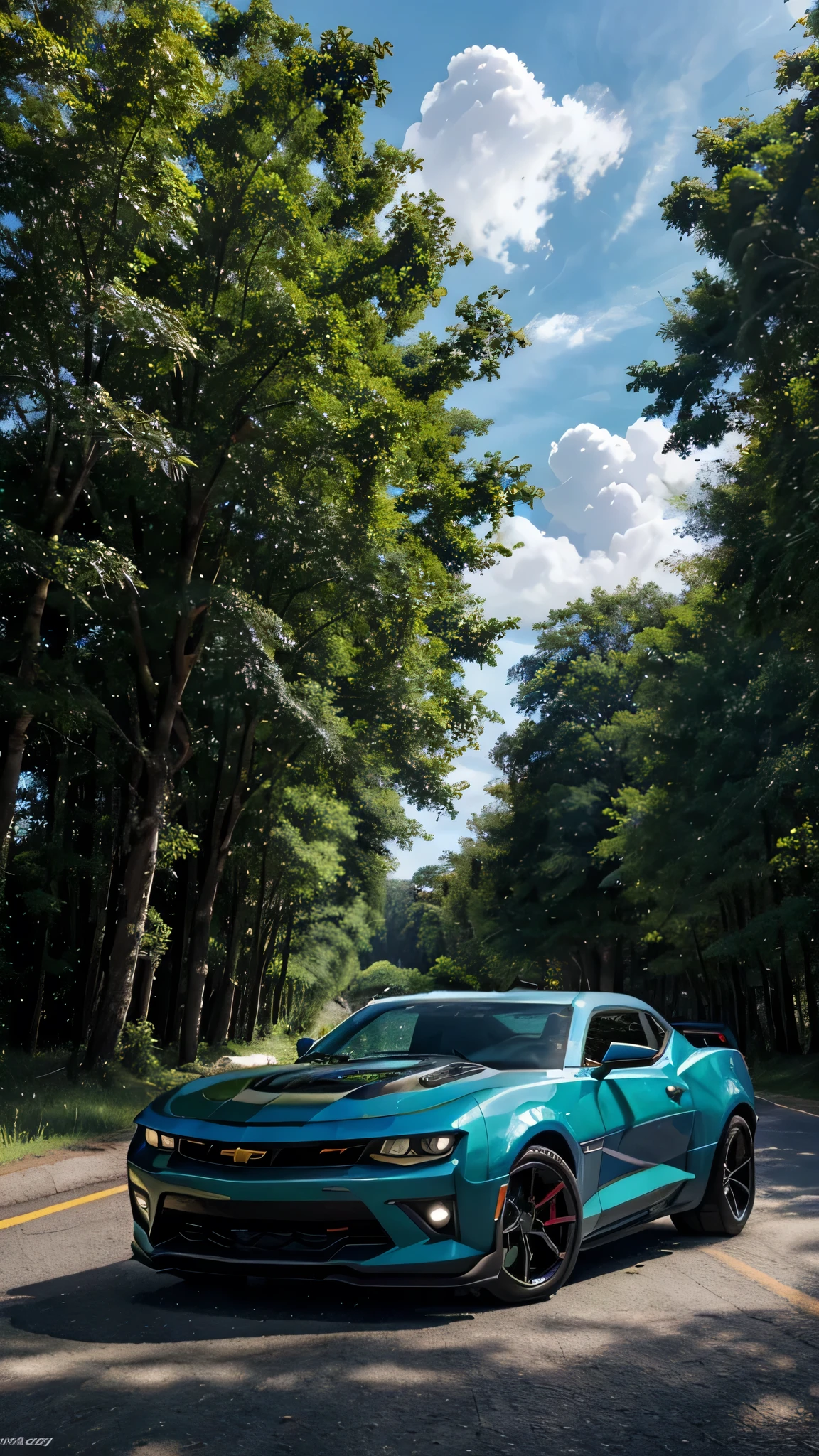 crie uma imagem ultra realista, and very colorful, in as much detail as possible, of a Chevrolet Camaro in motion, on a road, with very green trees around and a very blue sky with some clouds.