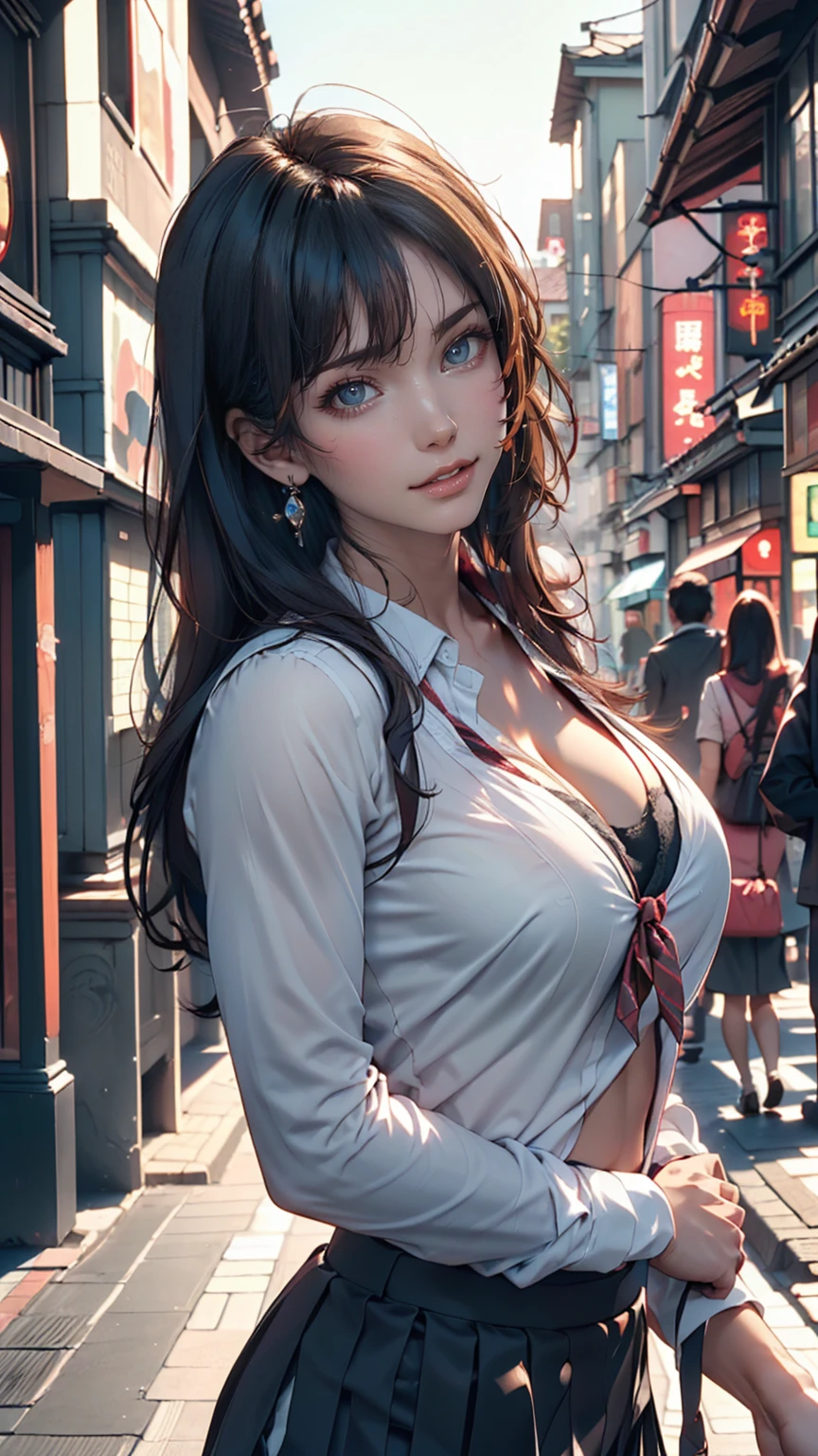 (((Realistic photograph))),, Portraiture, (Scary face:1.3),, beautiful girl, View your viewers, , (school uniform:1.2), Buttoned shirt and trousers, , (Cleavage:1),, On the streets of Japan, (Environment details:1.3),, (RAWphotograph, CG unity, photograph, ultra Realistic details, Sharp focus, Detailed skin,4K, High resolution, masterpiece, Highest quality, Realistic, Vibrant:1.2),, (8K,4K, 超High resolution, High resolution, Professional, movieのような, movie, dramatic),, (Anamorphic depth of field blur background), Detailed Background,