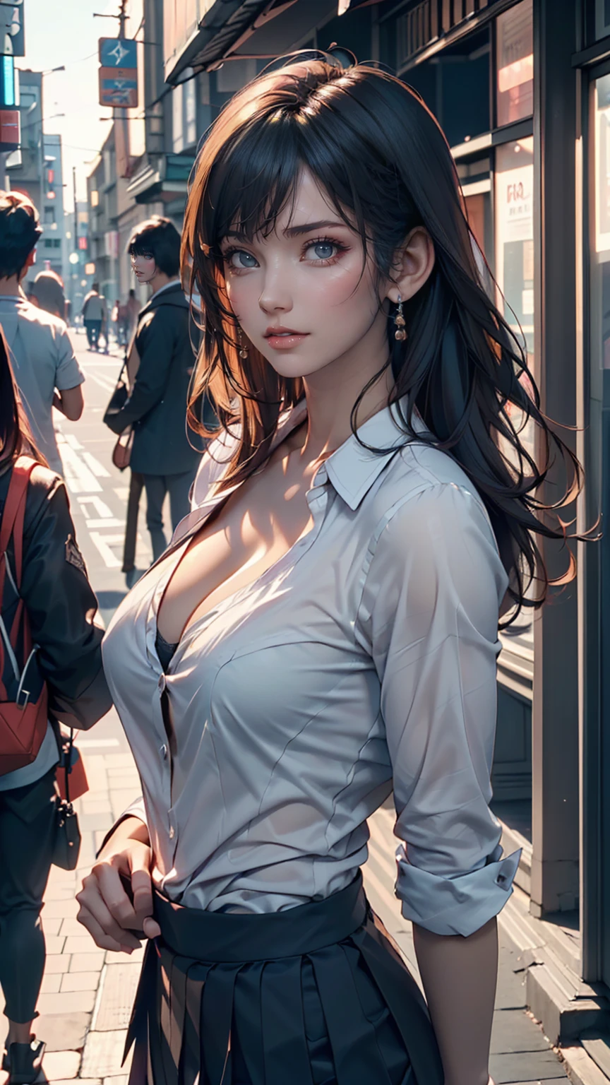 (((Realistic photograph))),, Portraiture, (Scary face:1.3),, beautiful girl, View your viewers, , (school uniform:1.2), Buttoned shirt and trousers, , (Cleavage:1),, On the streets of Japan, (Environment details:1.3),, (RAWphotograph, CG unity, photograph, ultra Realistic details, Sharp focus, Detailed skin,4K, High resolution, masterpiece, Highest quality, Realistic, Vibrant:1.2),, (8K,4K, 超High resolution, High resolution, Professional, movieのような, movie, dramatic),, (Anamorphic depth of field blur background), Detailed Background,