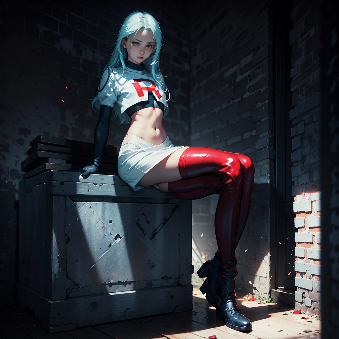 1girl, (solo), very long straight hair, light blue hair, flat chest, small size, blue eyes, fair skin, glossy lips ,team rocket uniform, red letter R, white skirt, white crop top, black thigh-high boots, black elbow gloves, perverted face, red cheeks, looking down on viewer, sitting down, legs crossed, naked sex, sex view, full body, (days), sun, out forest, (very sexy body, detailed face, masterpiece, highly detailed, 8k, best quality, vibrant colors, digital art, concept art)