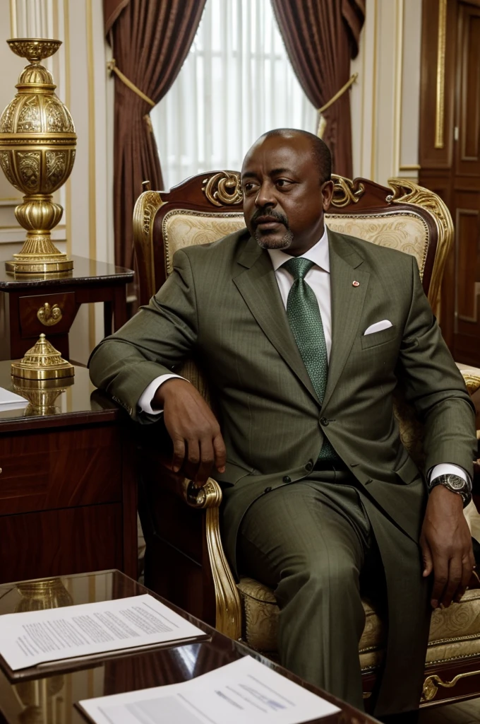 Generate an 8k hyper-realistic image, capturing President Laurent-Désiré Kabila at the Marble Palace on January 16, 2001. Kabila, dressed in a khaki-green suit, is slumped over in his large beige armchair, deeply engaged in a discussion with Emile Mota Ndongo, his deputy chief of staff for the economy, as they finalize preparations for the upcoming Franco-African summit in Yaoundé. Meanwhile, in the background, a soldier with a pistol is subtly approaching Kabila, creating a sense of imminent danger and tension.
Scene Description:
Setting: The opulent interior of the Marble Palace, characterized by its grand architecture, high ceilings, and luxurious decor. The room should exude elegance, with intricate marble flooring, ornate furniture, and large windows allowing natural light to flood in.
Lighting: Use a blend of natural daylight and subtle interior lighting to highlight the opulence of the setting while casting soft shadows that enhance the tension of the scene.
Main Subjects:
President Laurent-Désiré Kabila:
Wearing a khaki-green suit, Kabila is slumped over in a large beige armchair, appearing deeply involved in a conversation.
His body language suggests deep thought and concentration on the upcoming summit's preparations.
Emile Mota Ndongo:
Positioned close to Kabila, seated with documents or notes in hand.
His expression should reflect attentiveness and active participation in the discussion, possibly leaning slightly towards Kabila as they converse.
soldier:
Positioned a few steps away, approaching Kabila with a pistol.
His demeanor should be calm yet calculated, with a subtle hint of the concealed threat he poses.
Additional Elements:
Discussion Details:
Official documents, maps, or papers spread on a table or held by Ndongo, indicating the strategic planning for the Franco-African summit.
A subtle focus on the bodyguard's concealed weapon, suggesting the imminent threat without mak