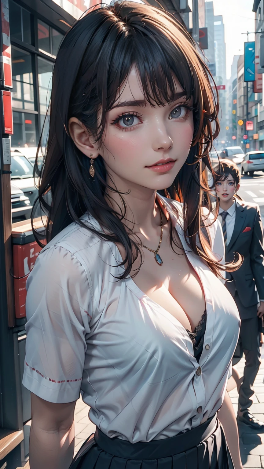 (((Realistic photograph))),, Portraiture, (Scary face:1.3),, beautiful girl, View your viewers, , (school uniform:1.2), Buttoned shirt and trousers, , (Cleavage:1),, On the streets of Japan, (Environment details:1.3),, (RAWphotograph, CG unity, photograph, ultra Realistic details, Sharp focus, Detailed skin,4K, High resolution, masterpiece, Highest quality, Realistic, Vibrant:1.2),, (8K,4K, 超High resolution, High resolution, Professional, movieのような, movie, dramatic),, (Anamorphic depth of field blur background), Detailed Background,