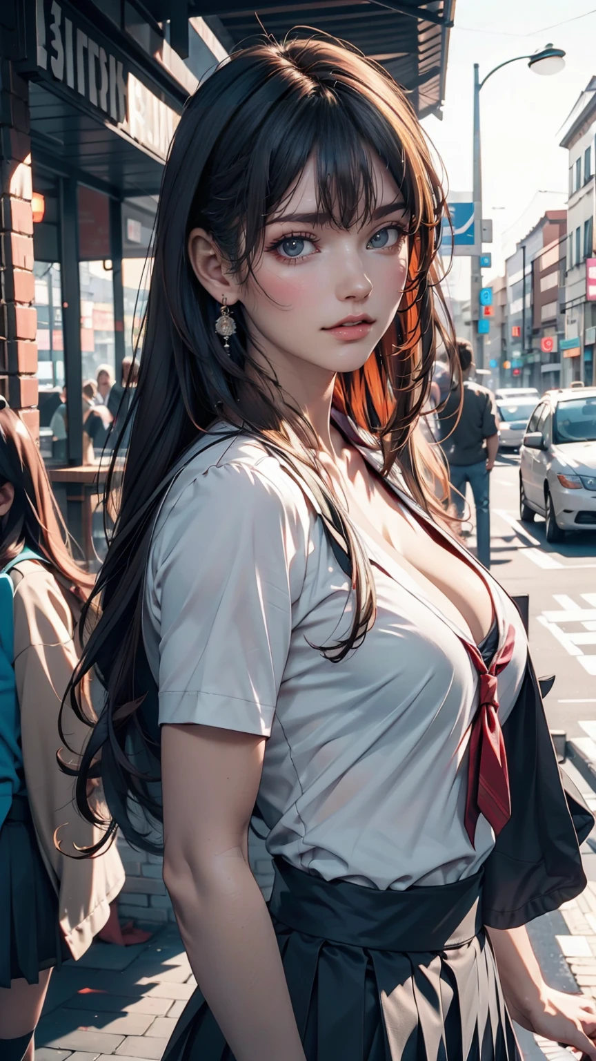 (((Realistic photograph))),, Portraiture, (Scary face:1.3),, beautiful girl, View your viewers, , (school uniform:1.2), Buttoned shirt and trousers, , (Cleavage:1),, On the streets of Japan, (Environment details:1.3),, (RAWphotograph, CG unity, photograph, ultra Realistic details, Sharp focus, Detailed skin,4K, High resolution, masterpiece, Highest quality, Realistic, Vibrant:1.2),, (8K,4K, 超High resolution, High resolution, Professional, movieのような, movie, dramatic),, (Anamorphic depth of field blur background), Detailed Background,