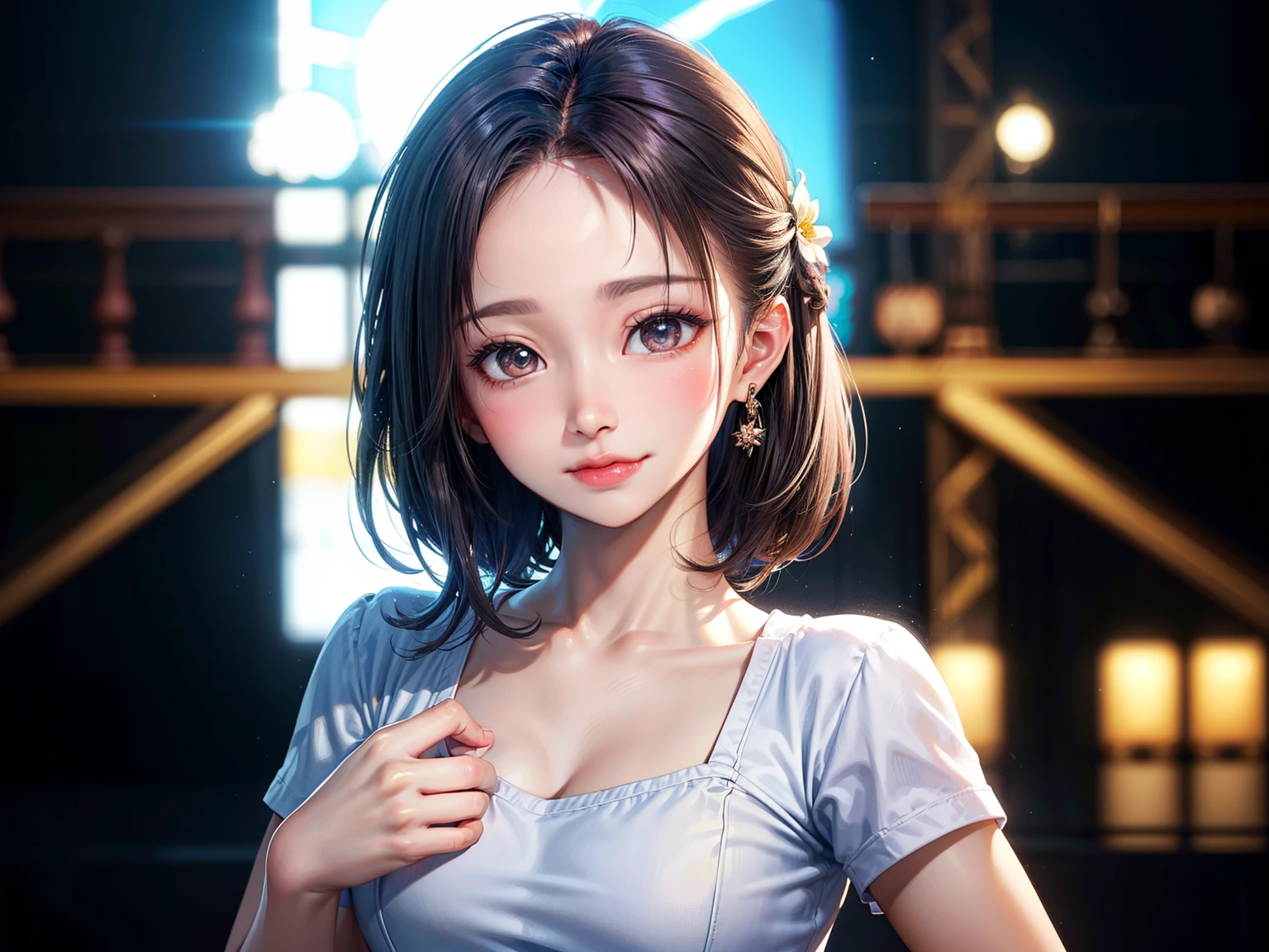 ((Best of the highest quality, 8k, Masterpiece, raw photo: 1.1)), (Sharp focus: 1.1), (1 AESPA, slim body type female, 22 y/o: 1.1), solo, Portrait Waist Up, (realistic, photo-realistic:1.37), face focus, cute face, finely eyes, (short bob hair, updo, forehead: 1.2), (sharp chin, droopy eyes: 1.32), (Emphasize prominent aegyo-sal with bright: 1.28), shimmering eyeshadow applied under the lower lash line, paired with thick, (small breasts, flat chest: 1.2), t-shirt, walking on stage, microphone, flower,
