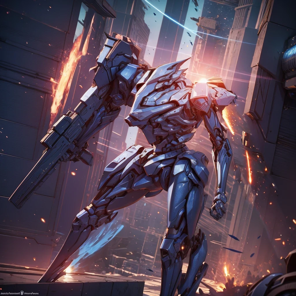 (Obra de arte, melhor qualidade:1.5).Mech branco e azul com detalhes dourados, médio, segurando uma sniper azul grande. Extremely detaild, 8K, HDR, naturallight, cinematic lighting, masterpiece-anatomy-perfect, Ultra HD, (Space Combat:1.5, Battlefield:1.5), RAW photo, metallic, professional, ultra-fine painting, perfect body proportions, anatomically correct, uhd, real texture material, Anti-Aliasing, FKAA, TXAA, SSAO, Post Processing, Post Production, Tone Mapping, CGI, VFX, SFX, Hyper maximalist, Volumetric, ultra photorealultra-detailed intricate details.