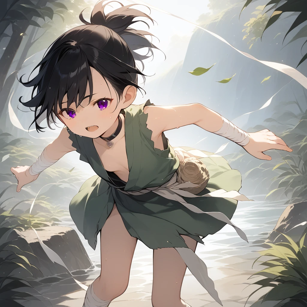 score_9, score_8_up, score_7_up, source_anime, best quality, masterpiece, official art, absurdres, highres, ultra-detailed,waifu2x,Collection: Slice of Life,break,1girl, dororo, small breasts, black hair, ponytail, choker, black eyes, bandages, wrist wrap, ankle wrap, sweat, open mouth, sleepily, outdoors, wind,break,(clear line illustration:1.2), super detailed skin,very high resolution, very aesthetic, Best sexual lighting powered by famous artist, 8k,cute picture,beauty illustration,photoshop_(medium),,(Detailed Lighting),best anime 8k konachan wallpaper, pixiv contest winner,