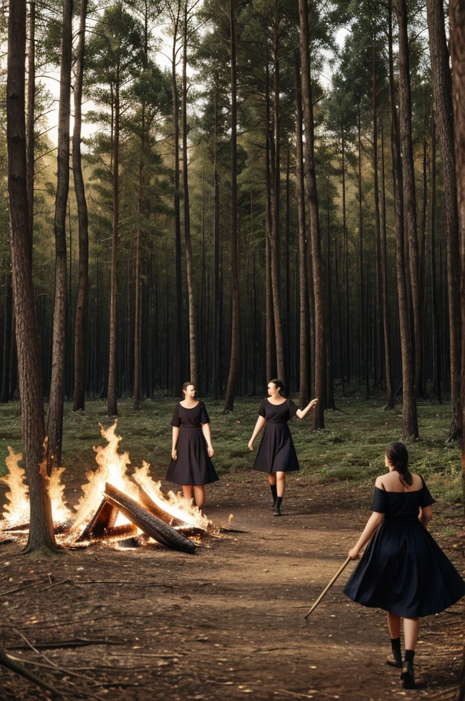 A forest at a centre a 6 ladies rounding a fire