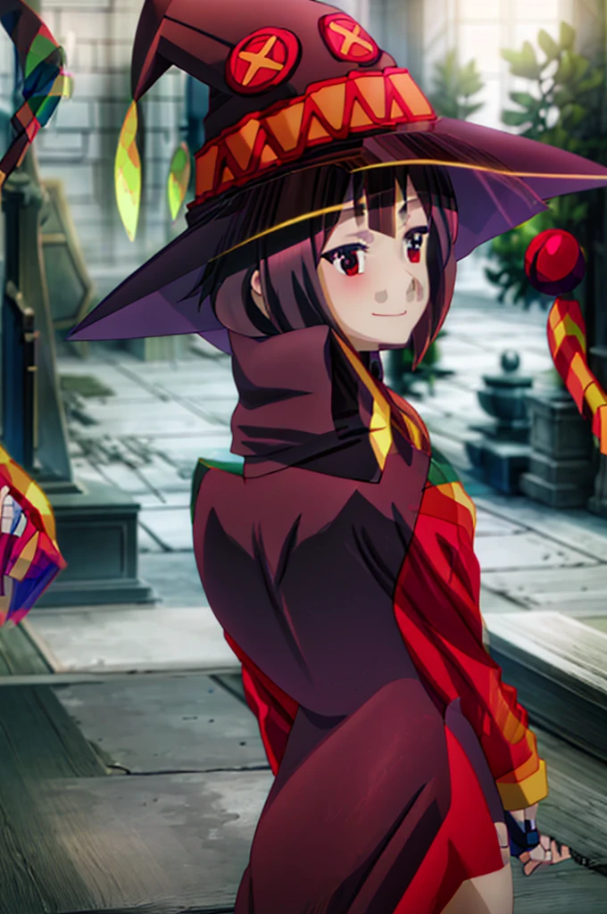 Perfect female shape, (1womanl), (Megumin), (Short-cut hair), Brown hair, Red eyes, (witch's hat:1.2), , red robes, Blushing cheeks, cute smile face, Kamimei, ((Posing to look back:1.5)), bent over, revealing, central image, High resolution, high detailing, Naturally beautiful, Professional Lighting, (glistning skin:0.9), High quality, Highly detailed facial and skin texture, The depth of field is shallow,