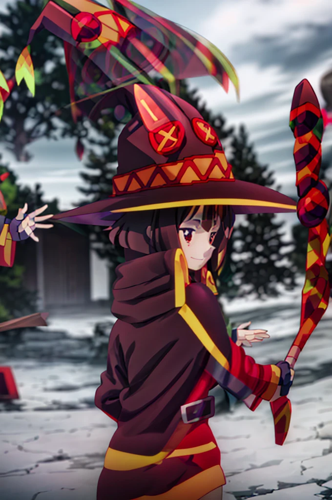 Perfect female shape, (1womanl), (Megumin), (Short-cut hair), Brown hair, Red eyes, (witch's hat:1.2), , red robes, Blushing cheeks, cute smile face, Kamimei, ((Posing to look back:1.5)), bent over, revealing, central image, High resolution, high detailing, Naturally beautiful, Professional Lighting, (glistning skin:0.9), High quality, Highly detailed facial and skin texture, The depth of field is shallow,