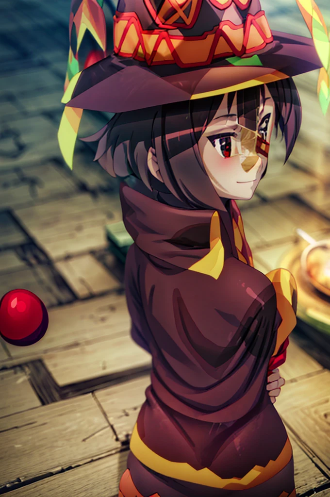 Perfect female shape, (1womanl), (Megumin), (Short-cut hair), Brown hair, Red eyes, (witch's hat:1.2), , red robes, Blushing cheeks, cute smile face, Kamimei, ((Posing to look back:1.5)), bent over, revealing, central image, High resolution, high detailing, Naturally beautiful, Professional Lighting, (glistning skin:0.9), High quality, Highly detailed facial and skin texture, The depth of field is shallow,