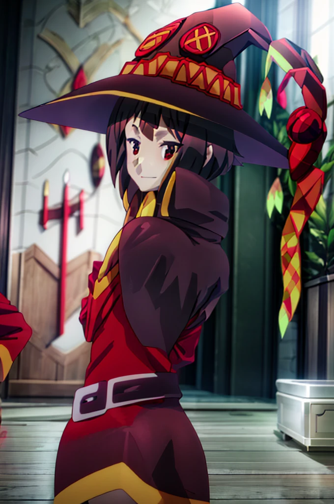 Perfect female shape, (1womanl), (Megumin), (Short-cut hair), Brown hair, Red eyes, (witch's hat:1.2), , red robes, Blushing cheeks, cute smile face, Kamimei, ((Posing to look back:1.5)), bent over, revealing, central image, High resolution, high detailing, Naturally beautiful, Professional Lighting, (glistning skin:0.9), High quality, Highly detailed facial and skin texture, The depth of field is shallow,