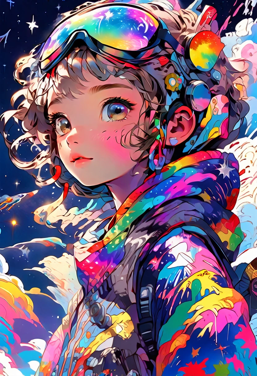 Top quality, detailed, dense, 8k, illustration, anime,  Girl looking up at the sky, full body, cute, colorful, retro print, night sky, Milky Way, colorful outfit with paint splashed. intricate detailed, perfect shading