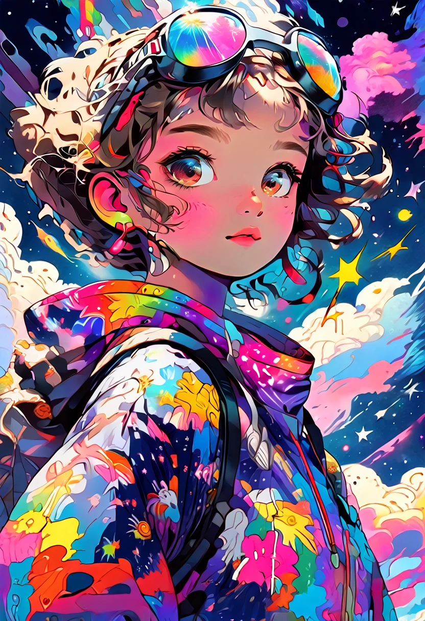 Top quality, detailed, dense, 8k, illustration, anime,  Girl looking up at the sky, full body, cute, colorful, retro print, night sky, Milky Way, colorful outfit with paint splashed. intricate detailed, perfect shading