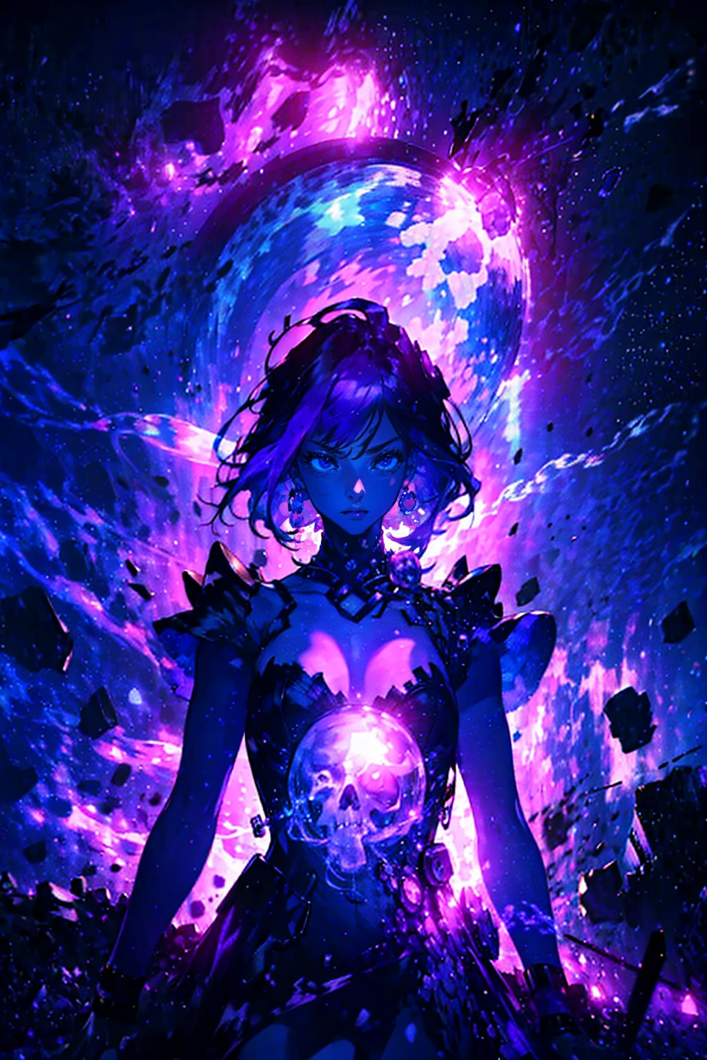 1girl,solo,cool,brilliant eye,bigbreast,cleavage,purple and black dress,purple,black,darkness,poison,purple aura,skull, starry,strry light,night,colorful,cloud,star \(sky\),