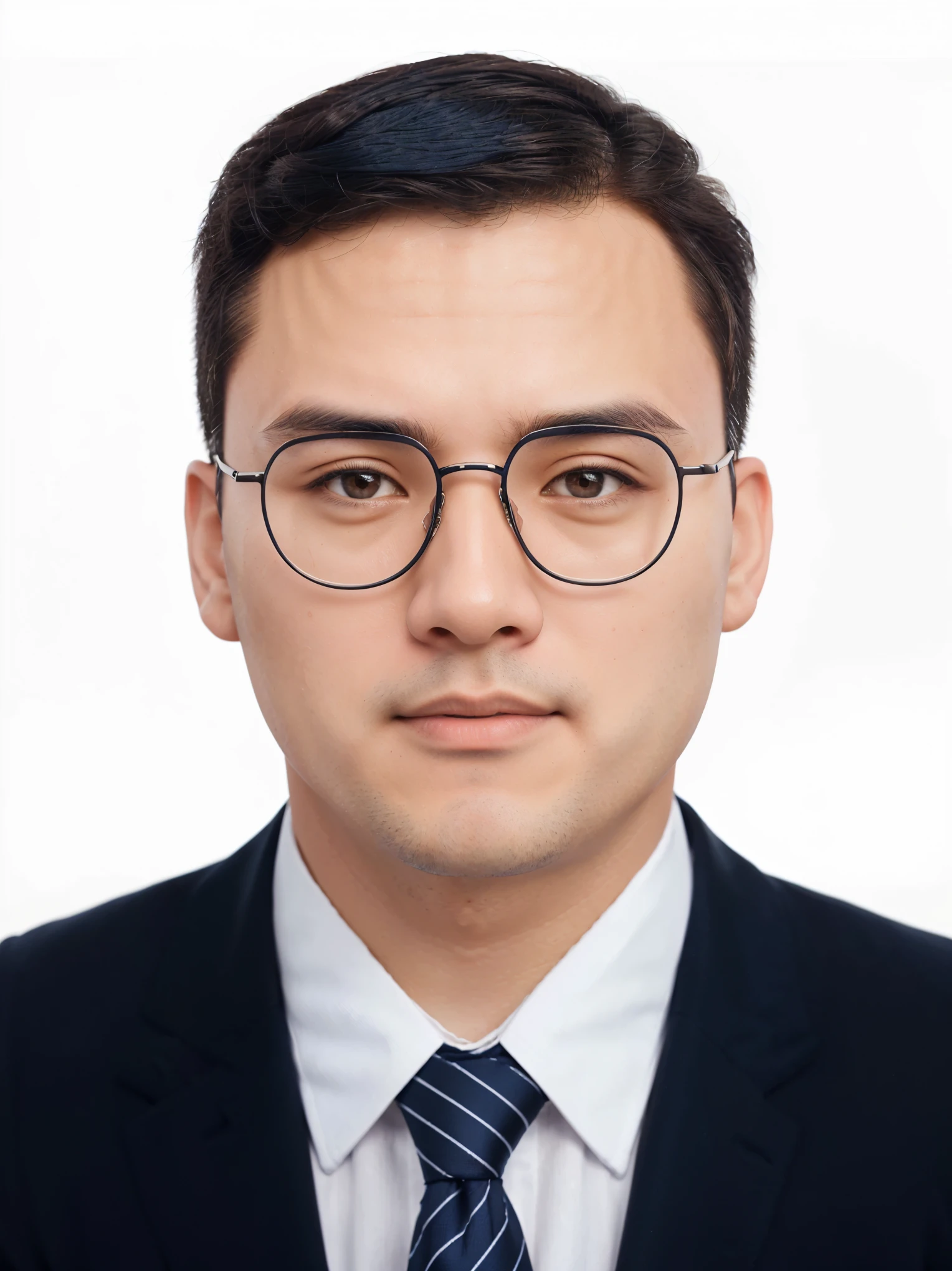 a realistic headshot of an asian man with a round face and short, dark hair neatly trimmed and combed with a slight side part. The man has dark eyes, well-groomed eyebrows, and a neutral expression. He is wearing round, metal-framed glasses. His attire includes a dark suit (black or navy), a white dress shirt with a stiff collar buttoned up, and a dark blue tie with diagonal white stripes, neatly tied. The background should be plain and white, keeping the focus on the man's face and attire.