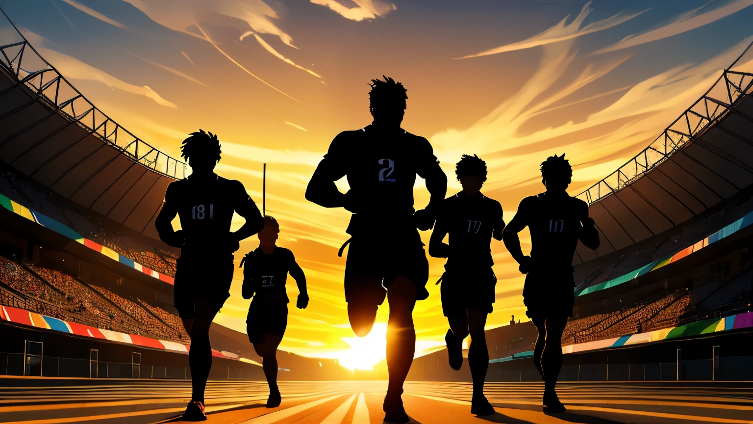 athletes,(best quality,8k,highres, masterpiece:1.2), ultra-detailed, HDR, UHD, studio lighting, ultra-fine painting, sharp focus, physically-based rendering, extreme detail description, professional, vivid colors, concept artists, warm color palette, dramatic lighting,(silhouette art:1.5),Athletes running 100 meters, Olympic competition venue,(ultra-wide angle, beautiful, delicate details,),afternoon,sunshine is top,blue sky,