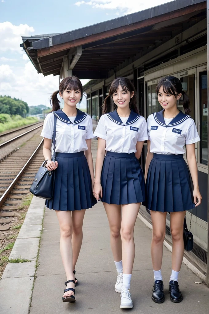 girls in rural railway station,Japanese train on far side,cumulonimbus cloud in summer sky,short-sleeved white shirt with sailor collar,navy blue pleated skirt,school bag,18-year-old,bangs,a little smile,thighs,knees,short hair with low pigtails bunches,from beside,front light