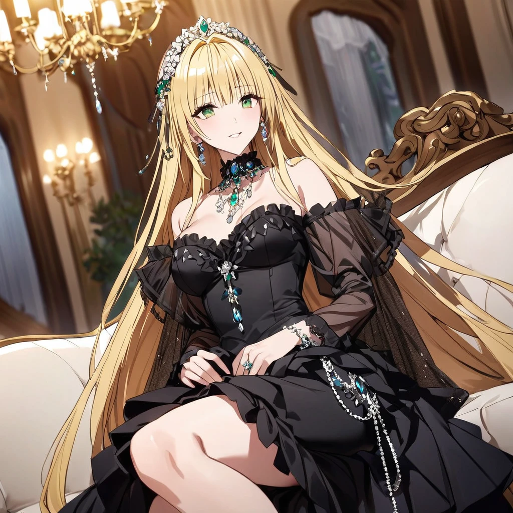 ((Highest quality)), ((masterpiece)), (detailed), (Perfect Face)、The woman is Tiare, has green eyes, medium-long blonde hair, and is wearing an engagement ring.、The woman is wearing a gorgeous, glittering ta Gothic Victorian dress, a gorgeous see-through cape and a sequin veil, a gorgeous jeweled head dress chain, gorgeous jeweled earrings and other gorgeous, glittering accessories, and is sitting on a luxurious sofa with a dignified, bearded, elderly man.、The man is a dignified, bearded old man, very wealthy and wearing an engagement ring.
