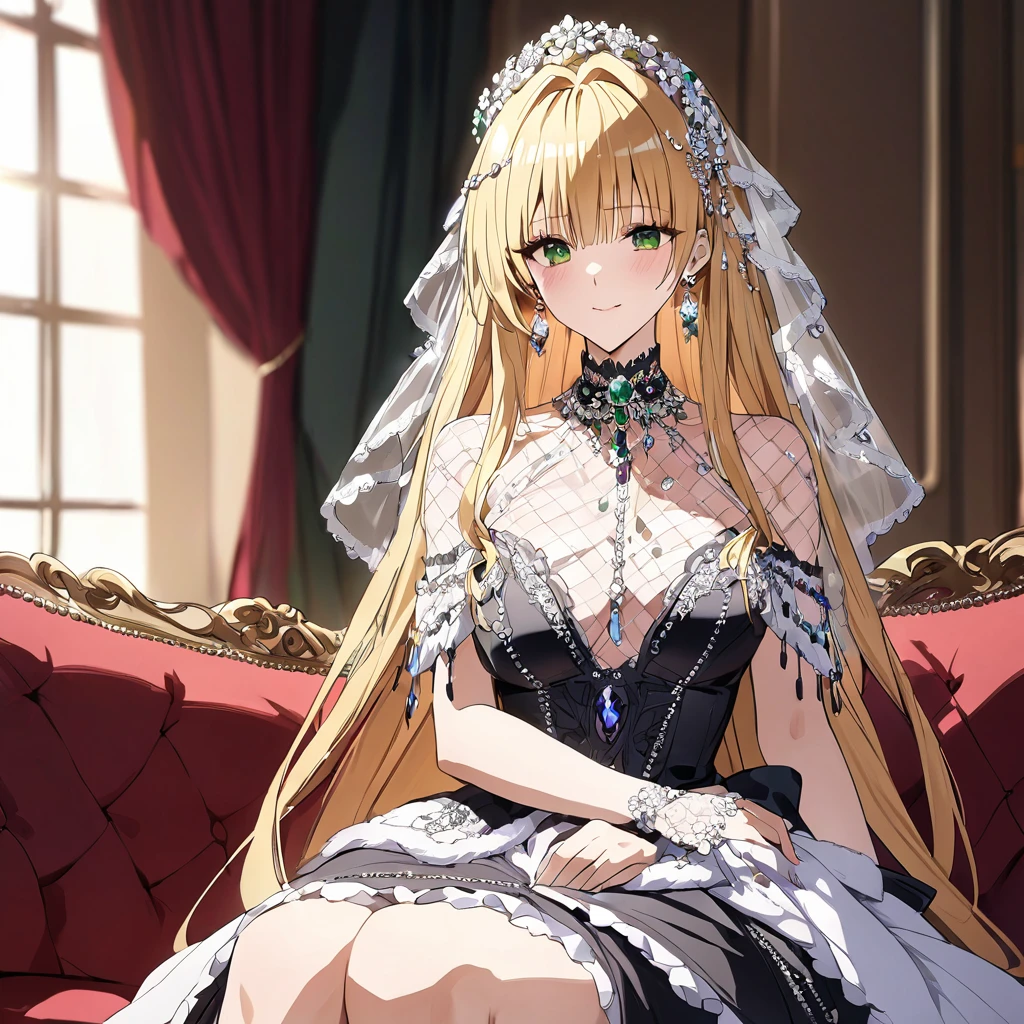 ((Highest quality)), ((masterpiece)), (detailed), （Perfect Face）、The woman is Tiare, has green eyes, medium-long blonde hair, and is wearing an engagement ring.、The woman is wearing a gorgeous, glittering Lolita Gothic Victorian dress, a gorgeous see-through cape and a sequin veil, a gorgeous jeweled head dress chain, gorgeous jeweled earrings and other gorgeous, glittering accessories, and is sitting on a luxurious sofa with a dignified, bearded, elderly man.、The man is a dignified, bearded old man, very wealthy and wearing an engagement ring.