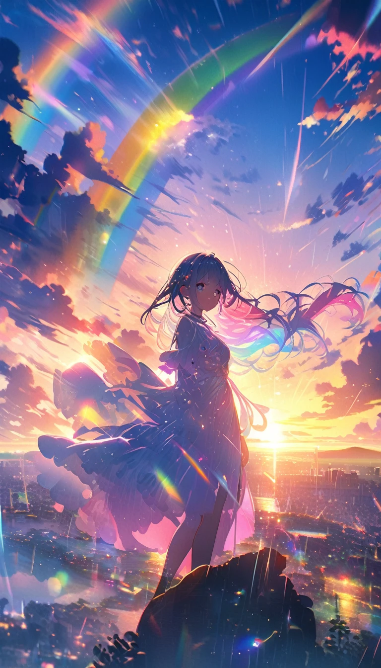 Angelic, detailed woman, sunrise, rainbow, After the Rain, horizon, In the sky, city , Lens flare, colorful, High resolution, 8K