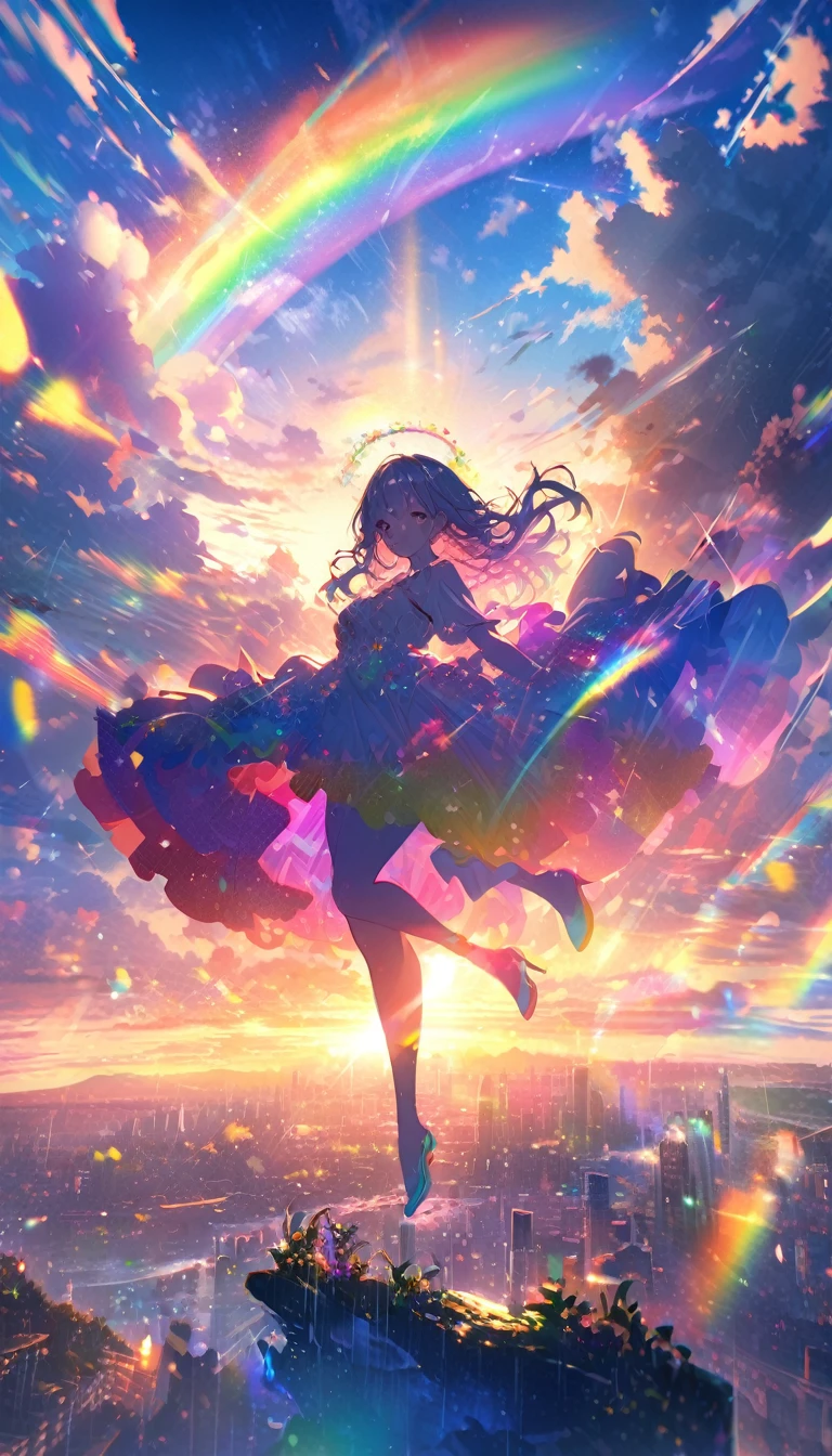 Angelic, detailed woman, sunrise, rainbow, After the Rain, horizon, In the sky, city , Lens flare, colorful, High resolution, 8K
