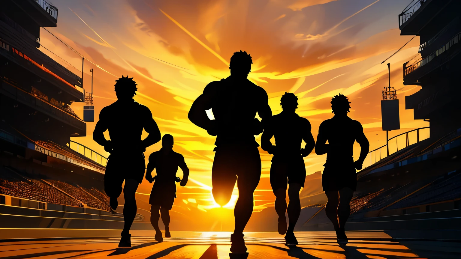 athletes,(best quality,8k,highres, masterpiece:1.2), ultra-detailed, HDR, UHD, studio lighting, ultra-fine painting, sharp focus, physically-based rendering, extreme detail description, professional, vivid colors, concept artists, warm color palette, dramatic lighting,(silhouette art:1.5),Athletes running 100 meters, Olympic competition venue,(ultra-wide angle, beautiful, delicate details,),