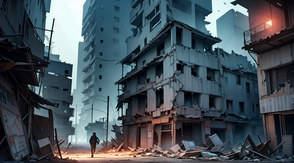Desolate town at night、Place々The building is collapsing、unmanned、after the battle、