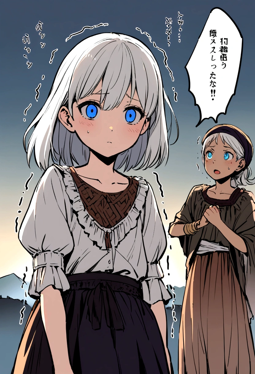 A young girl, , with long white hair, blue eyes, and a village woman, wearing shabby clothes and trembling in fear.
