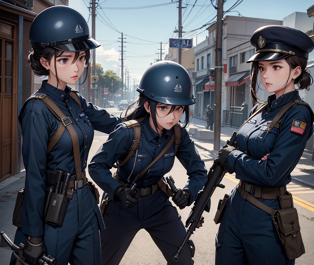 A group of female soldiers in navy blue uniforms、Wear a steel helmet、Military Pants、Individual equipment set、Town Street、Fight with guns、Write details、masterpiece、best quality、Highly detailed CG、8K picture quality