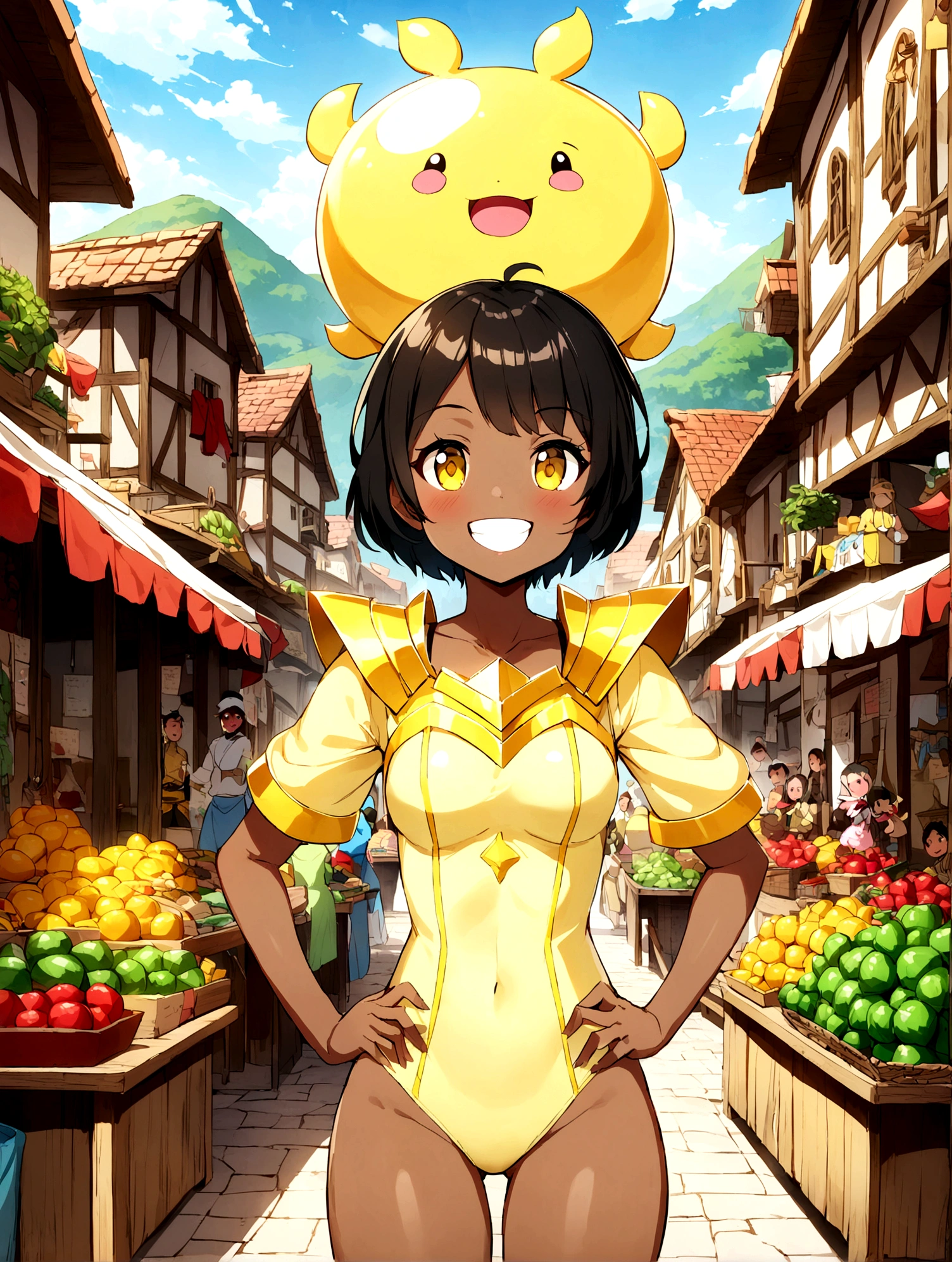 Anime Style、Cheerful girl、Brown skin、RPG Game Characters、Yellow one-piece armor、Black Hair、short hair、Naughty、Mischievous、Smiling with teeth showing、Hands on hips、Hall々Stand with、Village Background、Bright atmosphere、Bustling market
