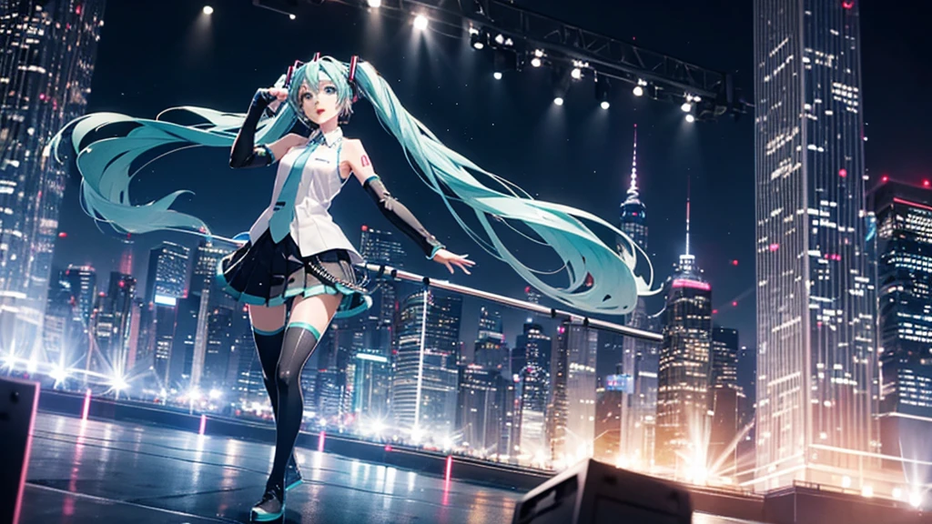 Image of Hatsune Miku performing in hip-hop style with the city night view as the background。