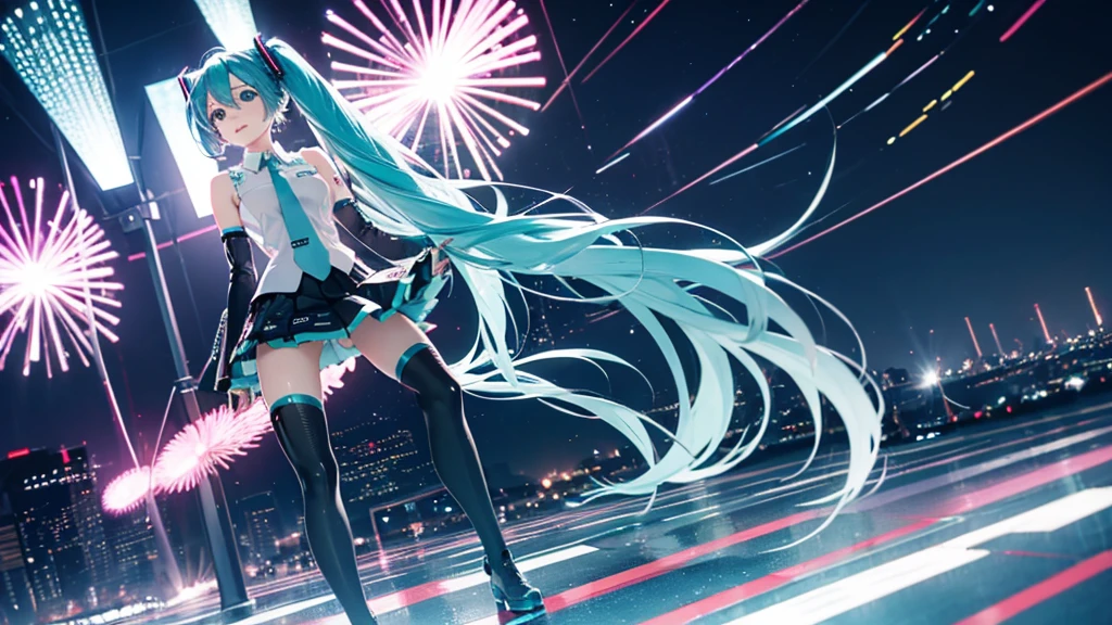 Image of Hatsune Miku performing in hip-hop style with the city night view as the background。