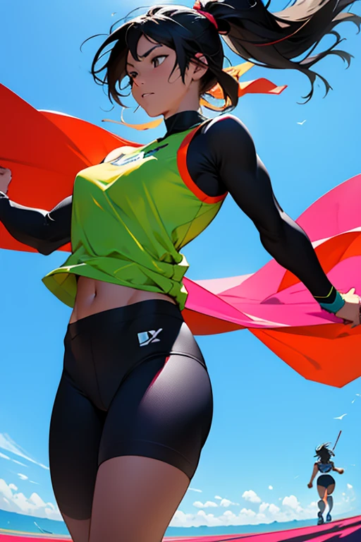 Clear skies、athlete、Girl、Dynamic composition、Vibrant colors, Bold brushstrokes, High contrast shadows. In the foreground, 