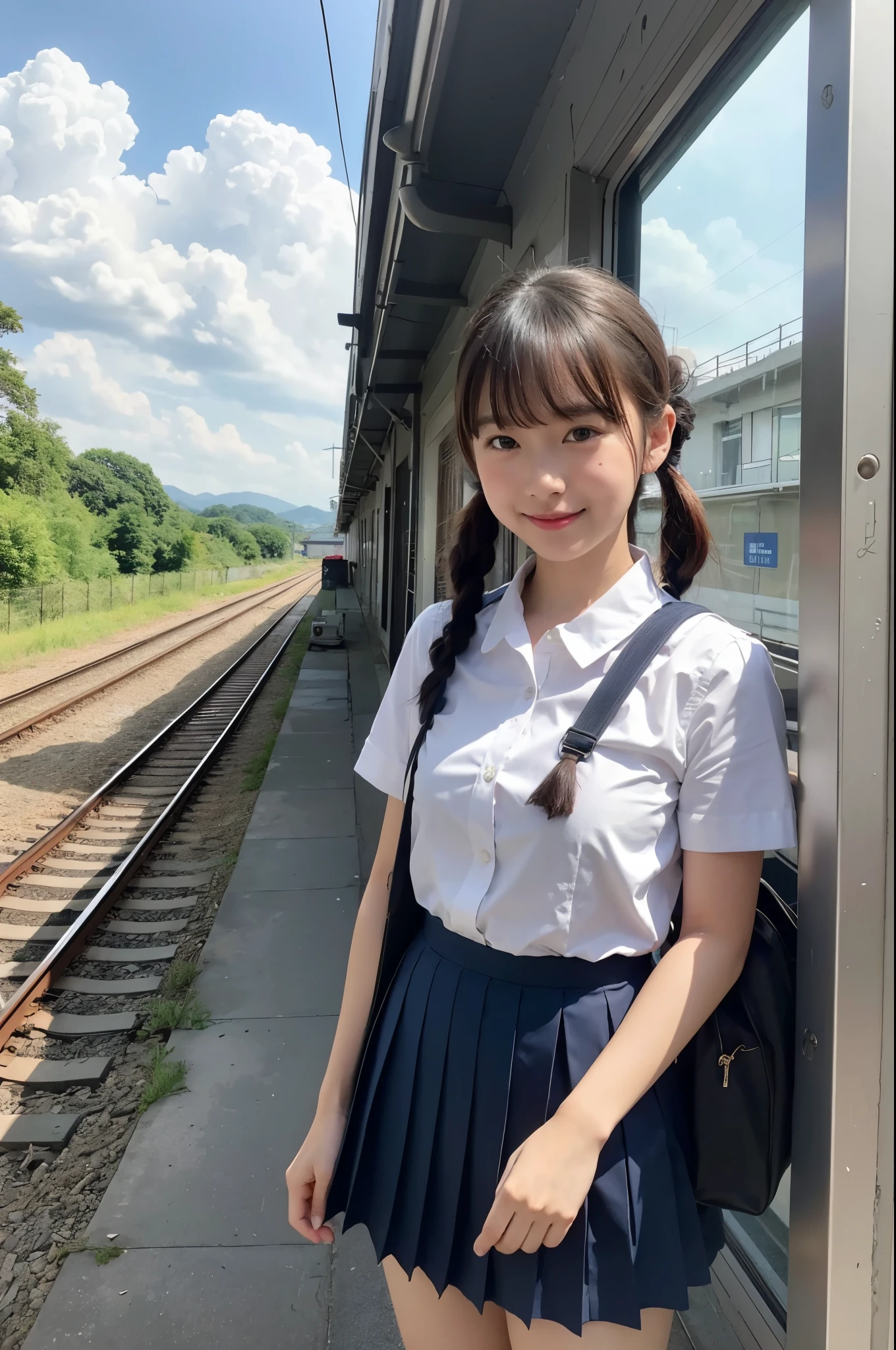 girls in rural railway station,Japanese train on far side,cumulonimbus cloud in summer sky,short-sleeved white shirt with sailor collar,navy blue pleated skirt,school bag,18-year-old,bangs,a little smile,thighs,knees,short hair with low pigtails bunches,from beside,front light