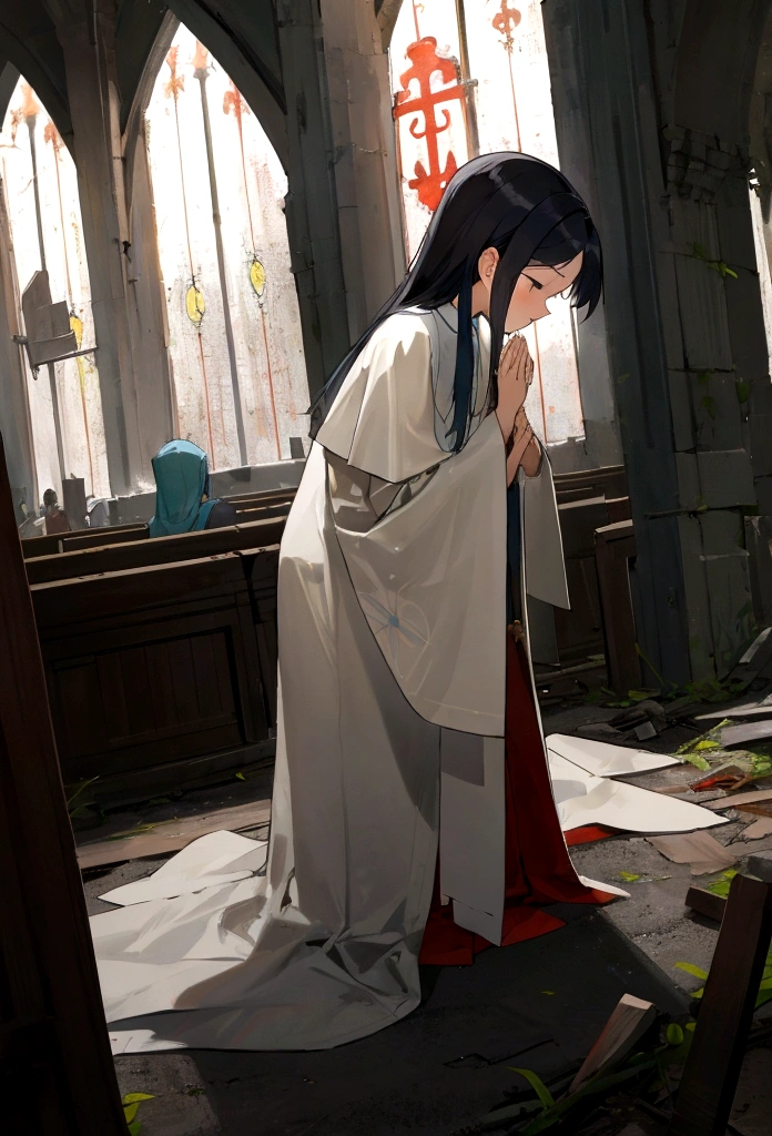 night、A woman kneels and prays in an abandoned church。Saint's Clothes。