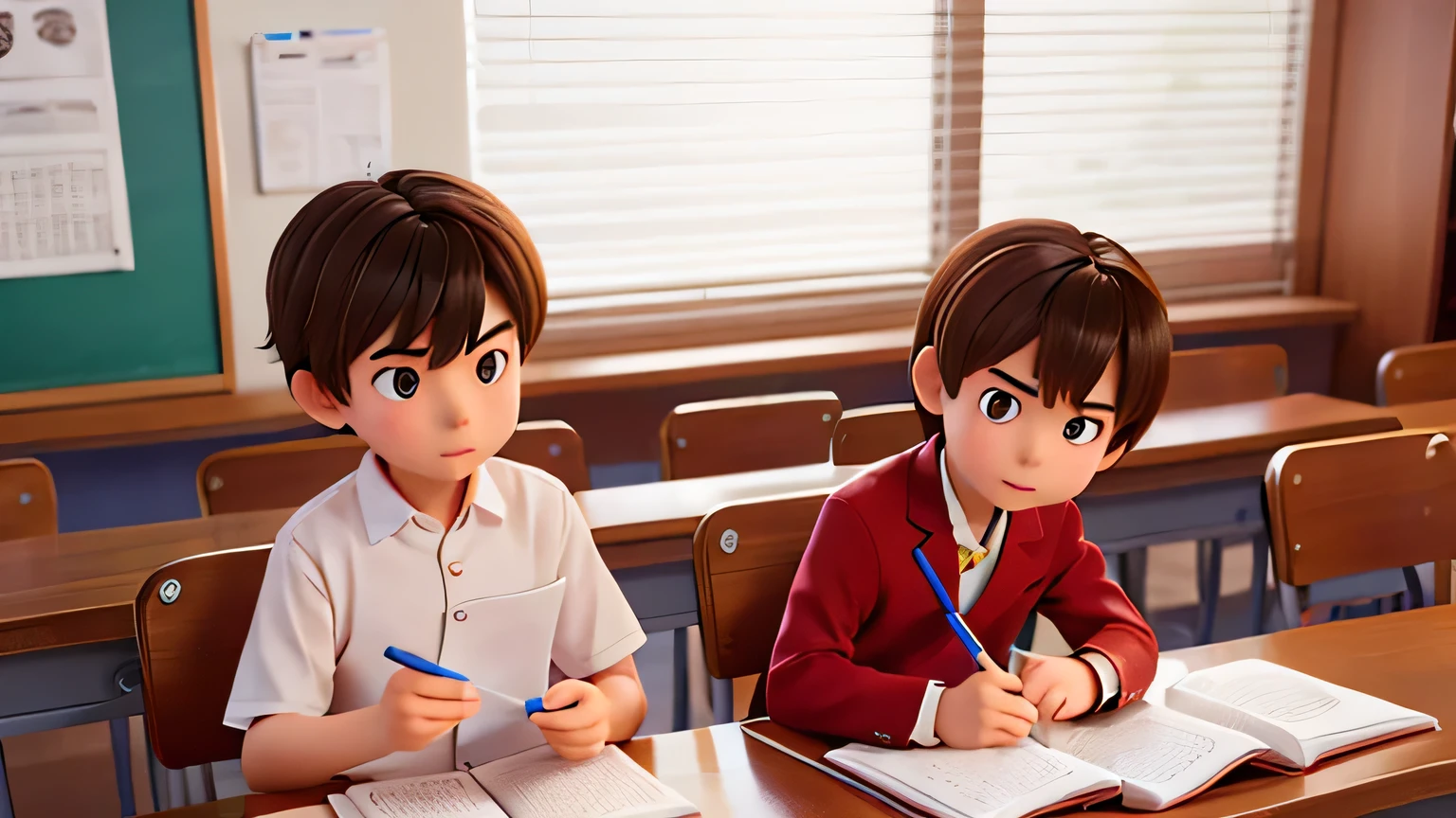 Brown-haired Chinese male high school student sitting at a desk in school and writing，Turn your gaze to another person，with serious face 