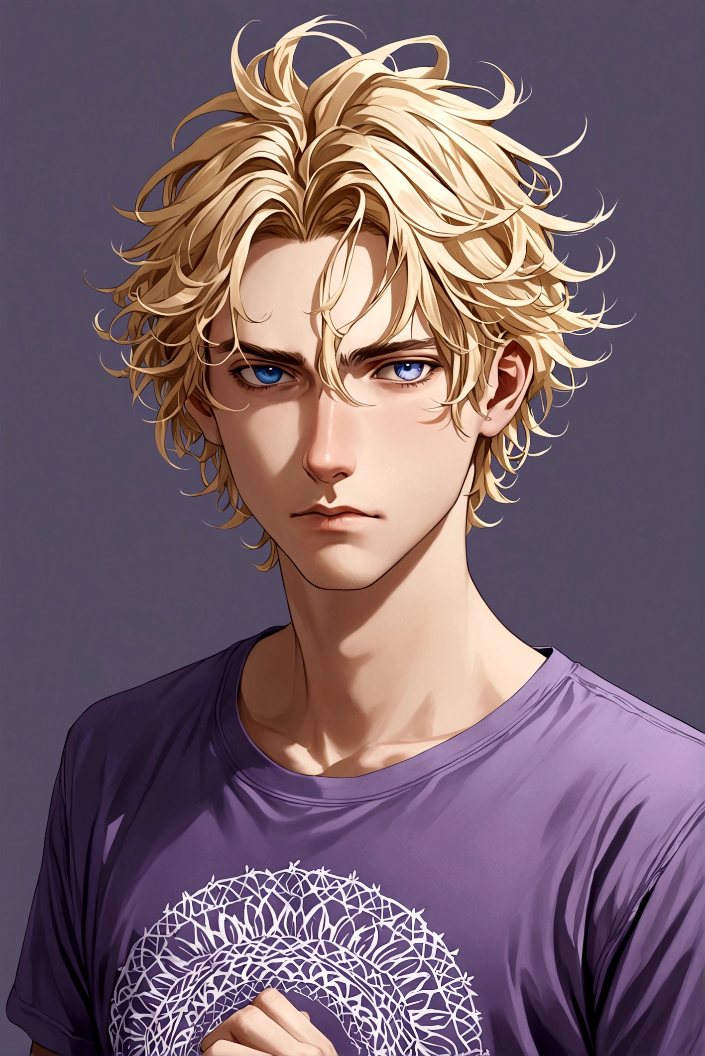 a realistic person with a fair complexion, blue eyes, blonde messy hair, and a stern expression. He wears a casual purple T-shirt with a white design on it, giving off a modern, carefree vibe.