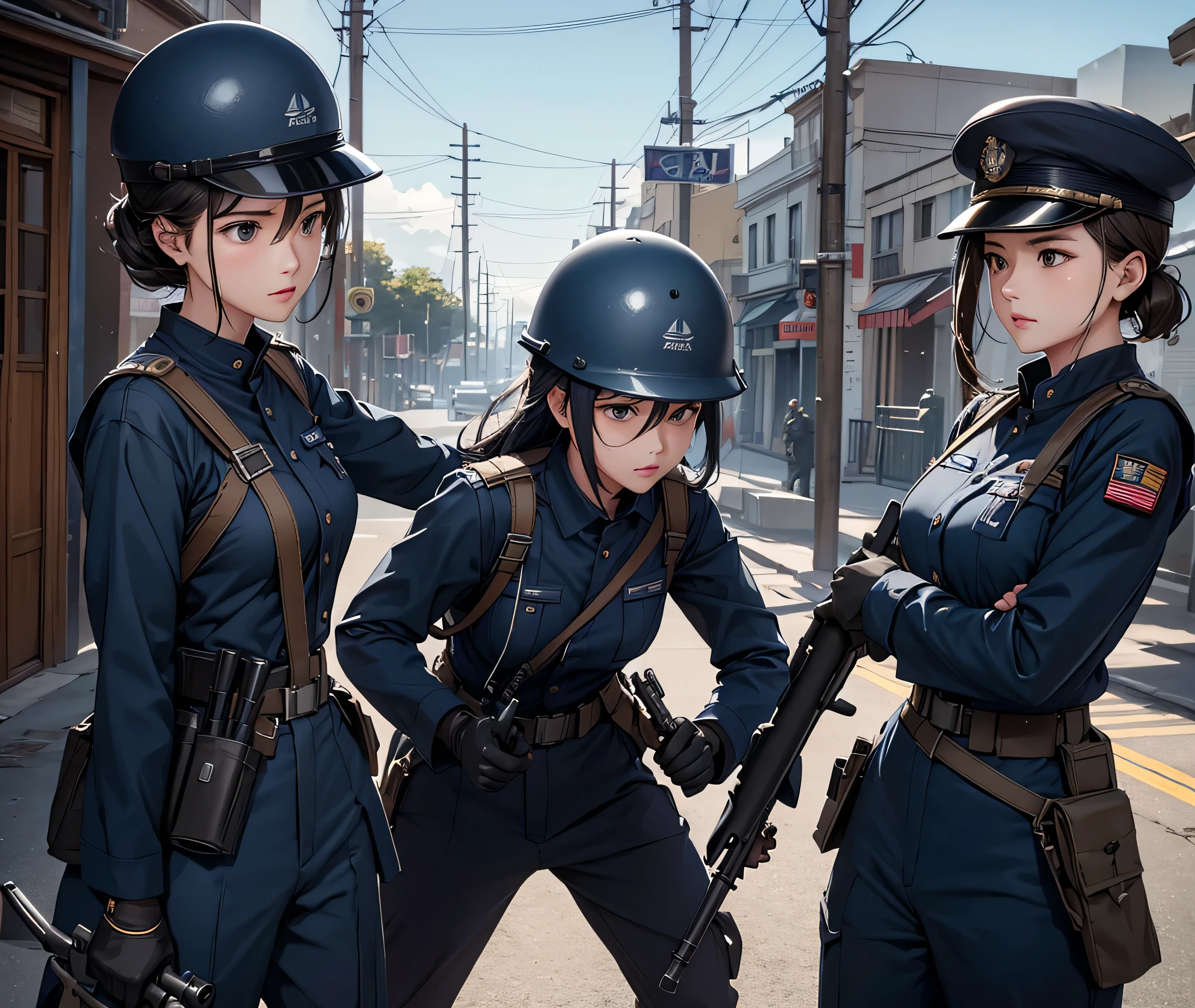 A group of female soldiers in navy blue uniforms、Wear a steel helmet、Military Pants、Individual equipment set、Town Street、Fight with guns、Write details、masterpiece、best quality、Highly detailed CG、8K picture quality