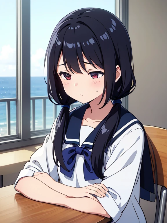 1girl, sitting, chuckle, (looking away, looking down), 15yo,
classroom, indoors, school chair, school desk,
(low twintails), low pigtails, black hair, very long hair,
serafuku with blue ribbon, navy-blue collar,
(dark brown eye), closed eyes,
school,
afternoon, summer,
from front, upper body,
anime, high brightness, detailed face, detailed eyes,
(high quality, ultra detailed, masterpiece, FHD)