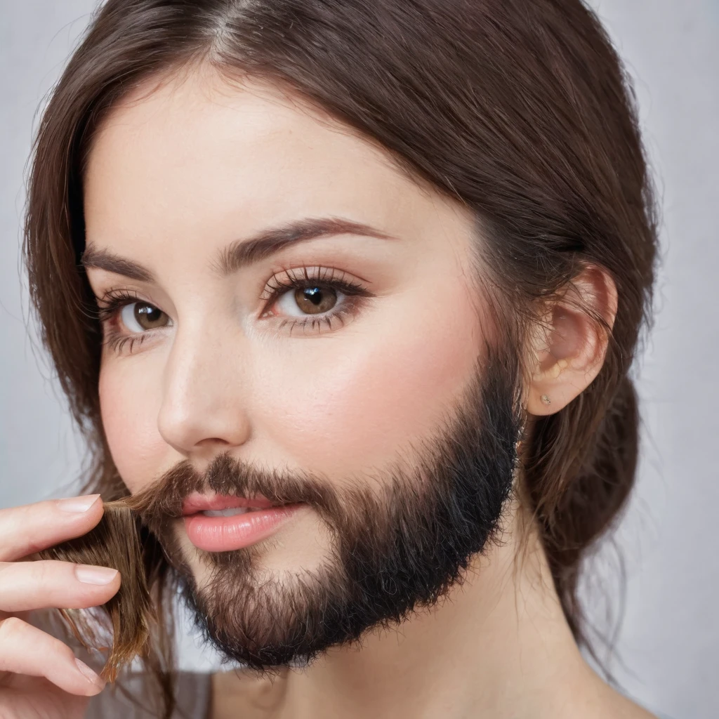 bearded woman, cheek hair, neck hair, shaggy, brown hair, hold a pack of minoxidil beard