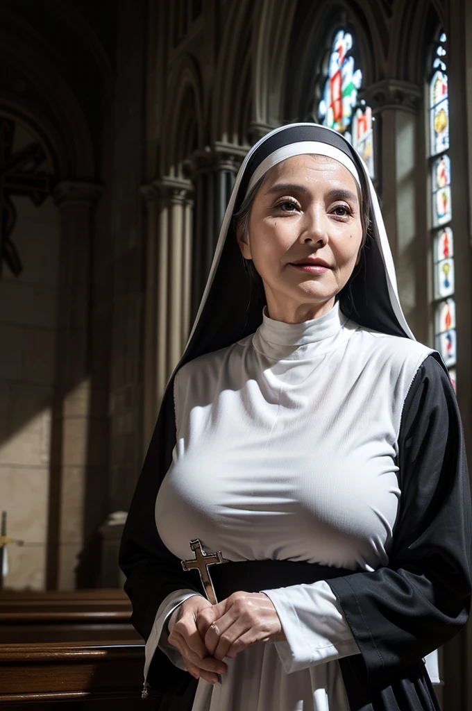 (masterpiece:1.4), (58-year-old woman:1.5),(Facial wrinkles : 1.2), smirking, pores, dull skin, skin blemishes, motherly mature woman, long beautiful hair, large saggy breasts, (dressed as a catholic nun), (black and white clothes), (long dress with deep slit : 1), detailed backgrounds, church, divine atmosphere, rosary, cross