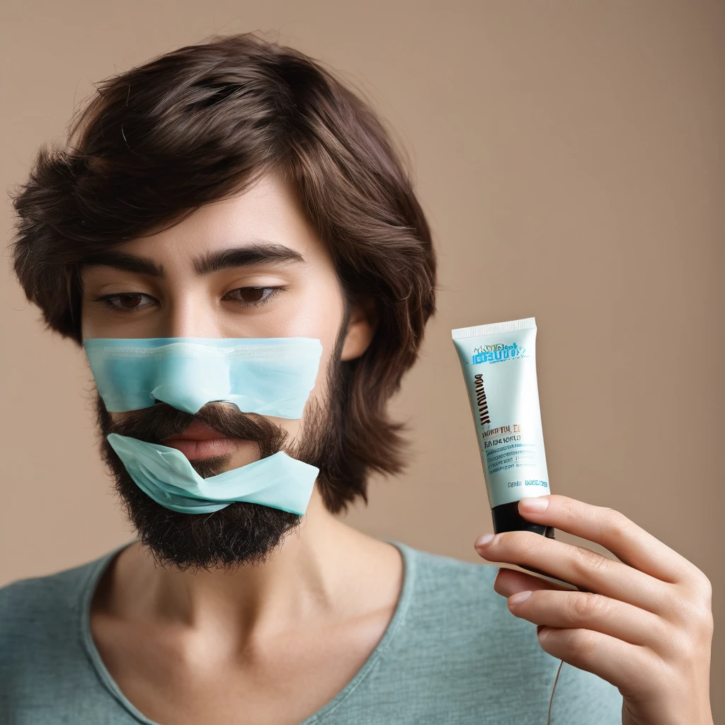 bearded woman, cheek hair, neck hair, shaggy, brown hair, hold a pack of minoxidil beard