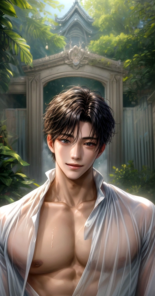 (absurdres, highres, ultra detailed, HDR), masterpiece, intricate, best quality, close-up portrait of a handsome anime character from ayashino ceres, short hair, original hair, captivating scene , boy enjoying a luxurious poolside. happy face, topless, see through shirt showing chest, Incorporate elements of nature, architecture, and the character's unique charm to create a visually stunning and immersive environment, art kenouji.