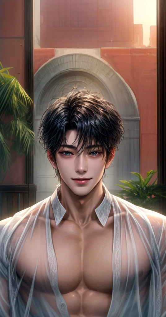 (absurdres, highres, ultra detailed, HDR), masterpiece, intricate, best quality, close-up portrait of a handsome anime character from ayashino ceres, short hair, original hair, captivating scene , boy enjoying a luxurious poolside. happy face, topless, see through shirt showing chest, Incorporate elements of nature, architecture, and the character's unique charm to create a visually stunning and immersive environment, art kenouji.